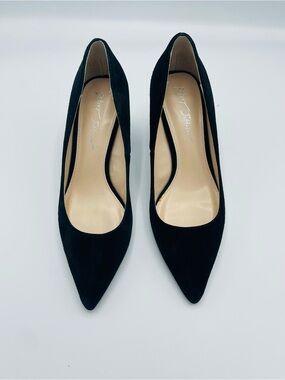 Betsey Johnson Black Pointed Suede Pumps with Rhinestone Heel